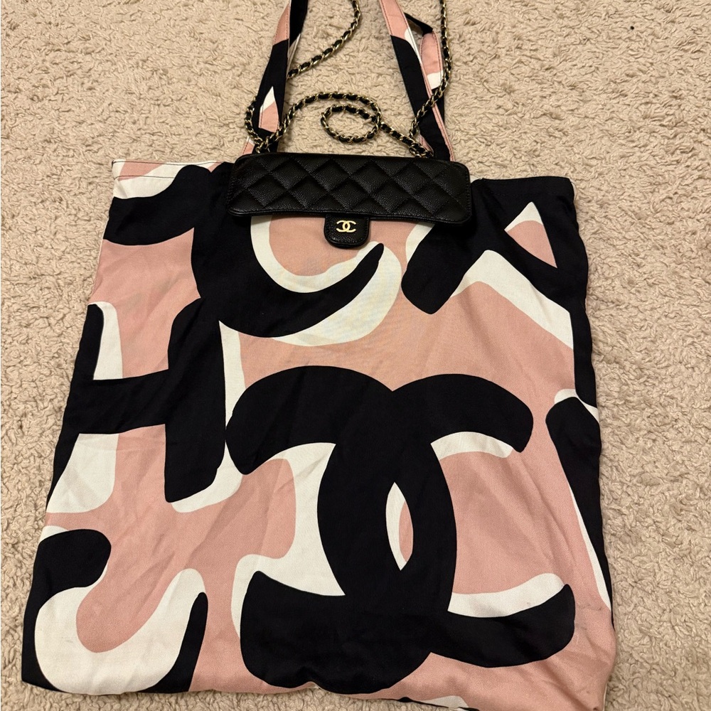 Chanel Foldable Tote Bag with Chain Quilted Caviar with Printed Nylon